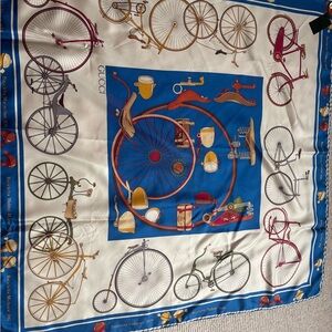 Gucci Blue and Cream Silk Scarf with Bicycle Motif. Vintage